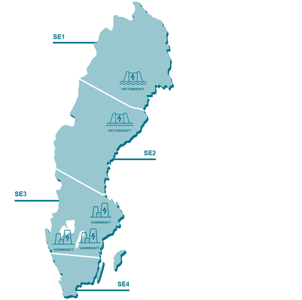 Sverigekarta som visar de fyra elnätsområdena som landet är uppdelat i.